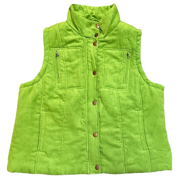 Relativity Bright Green Faux Suede Vest W/ Brass Colored Snaps & Zipper (XL) - Picture 3 of 12